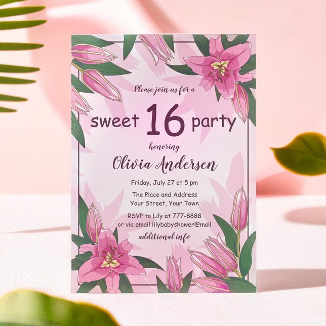 Convite Festa dos Dezesseis Leilões Rosa Bons (Pink Blooming Lilies Sweet Sixteen Party Invitation)