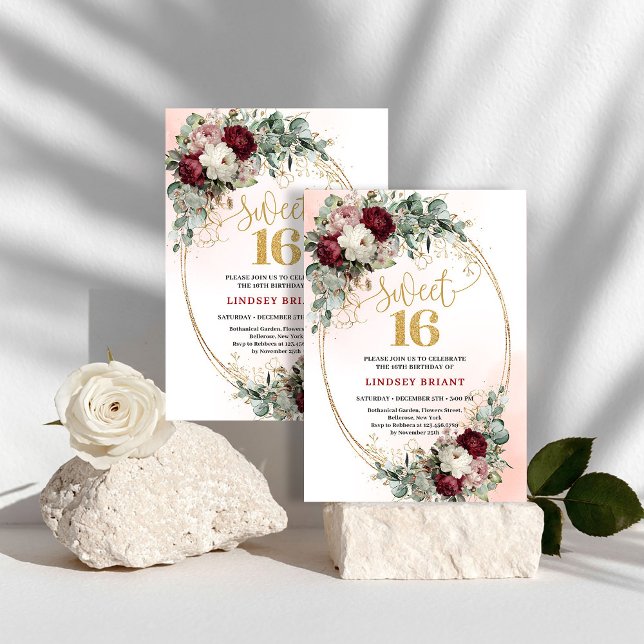 Convite Festa dos Doze Anos com Peônias Vermelhas Profunda (Trendy Boho Deep Red Peonies Sweet Sixteen Party Invite)