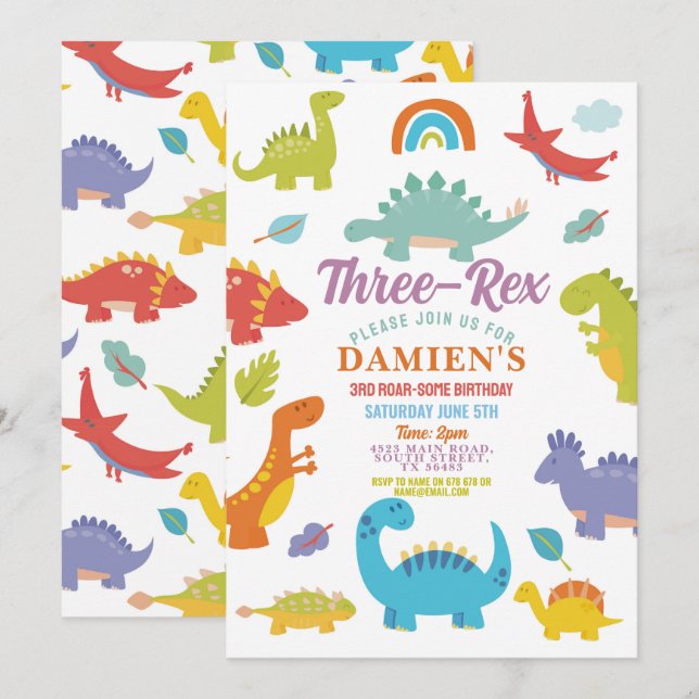 Convite Festa dos Três Meninos Rex Dinossauro Fofos  (Frente/Verso)