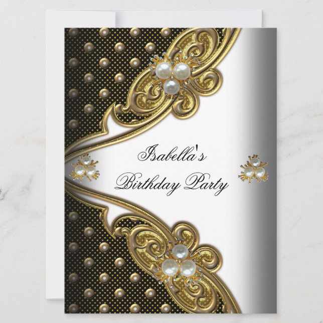 Convite Festa Dourada Branca de Bolinhas Elegante (Frente)