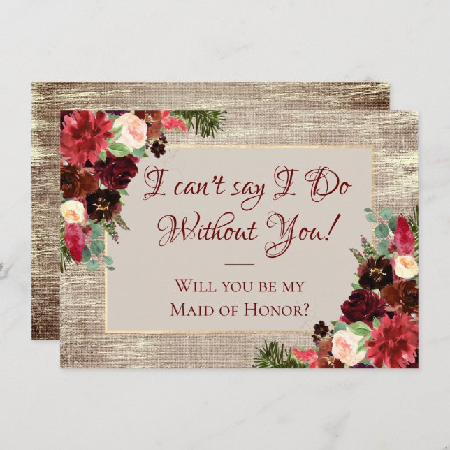 Convite Festa Dourada Bridal de Boho Burgundy Russo de Nat (Frente/Verso)