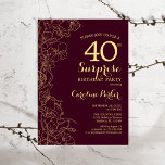 Convite Festa Dourada de aniversário de 40 anos da Surpres<br><div class="desc">Convite de festas Dourado de Surpresa Floral Burgundy. Design de marrom moderno minimalista com sotaque botânico e letra de escrita tipográfica. Simples cartão de convite floral perfeito para uma festa surpresa na moda. Pode ser personalizado para qualquer idade.</div>