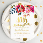 Convite Festa Dourada de aniversário de 40 anos Floral Bra<br><div class="desc">Convites de festas de aniversários elegantes do quadragésimo apresentando um fundo branco clássico,  um display floral de aquarela,  um título tipográfico de folha de ouro na moda faux e um modelo de celebração de aniversário moderno.</div>