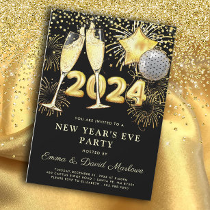 Convite Festa Dourada de Ano Novo, 2024, em preto