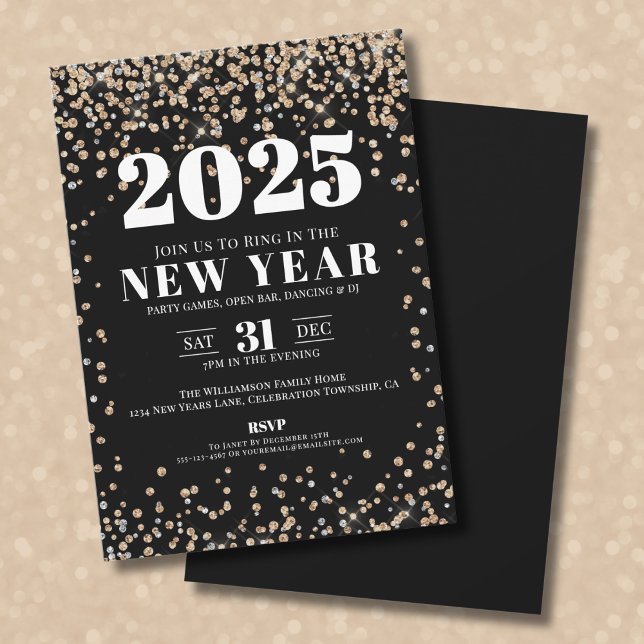 Convite Festa Dourada de Ano Novo de Preto (Black Gold New Year's Eve Party Invitation)