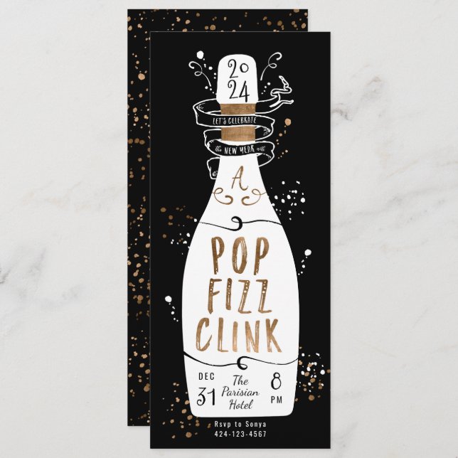 Convite Festa Dourada de Ano Novo Fizz Clink para o Pop de (Frente/Verso)