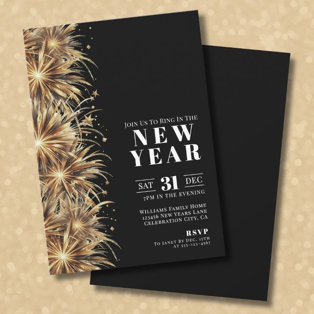 Convite Festa Dourada de Ano Novo Moderno de Preto (Modern Black Gold New Year's Eve Party Invitation)