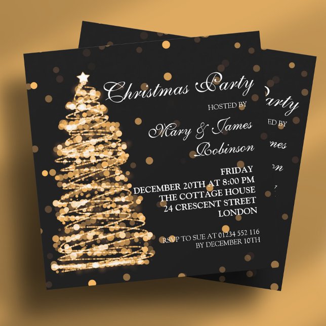 Convite Festa Dourada de Árvore de Boque de Natal Elegante (Elegant Christmas Bokeh Tree Party Gold Black Invitation)