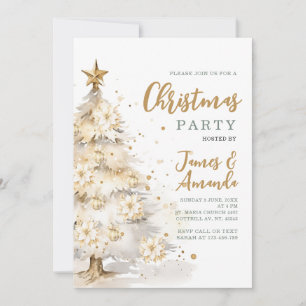 Convite Festa Dourada de Árvore de Natal Branco Elegante