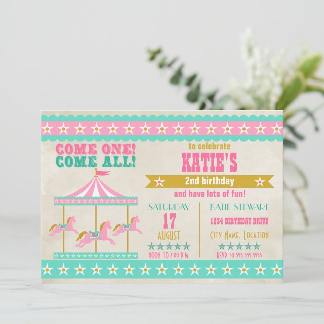 Convite Festa Dourada de Carrossel, Turquesa Rosa (Em pé/Frente)