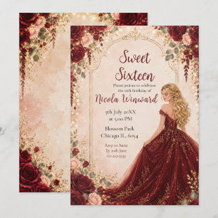 Convite Festa Dourada de Doze Anos Rosas Vermelhas Borgonh