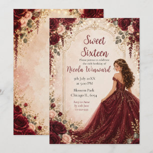 Convite Festa Dourada de Doze Anos Rosas Vermelhas Borgonh