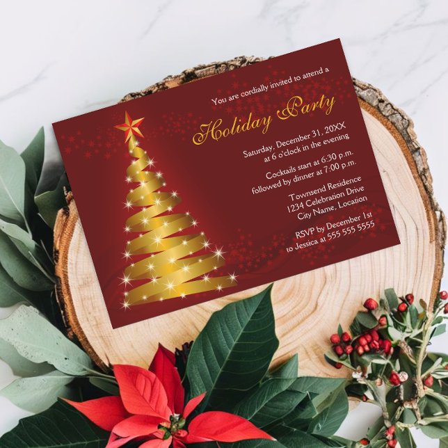 Convite Festa Dourada de Férias da Árvore de Natal da Faix (Modern gold ribbon Christmas tree holiday party invitation)