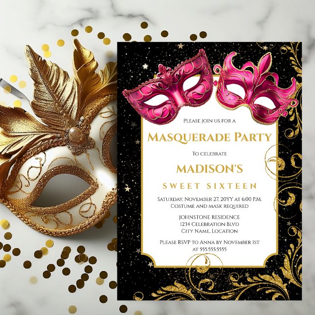 Convite Festa Dourada de Mascarada de Aniversário Rosa (Pink and gold masks masquerade party invitation front view.)