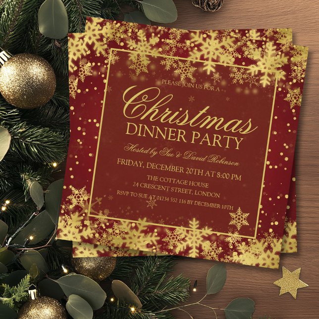 Convite Festa Dourada de Natal Elegante (Elegant Red Gold Christmas Dinner Party Invitation)