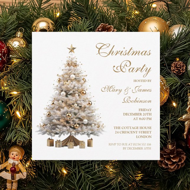 Convite Festa Dourada de Natal Elegante (Elegant Gold Christmas Tree Holiday Party Invitation)