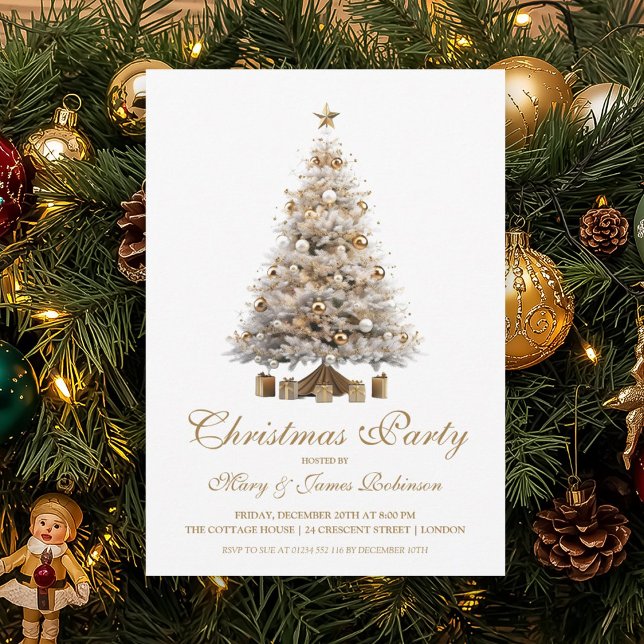 Convite Festa Dourada de Natal Elegante (Elegant Gold Christmas Tree Holiday Party Invitation)