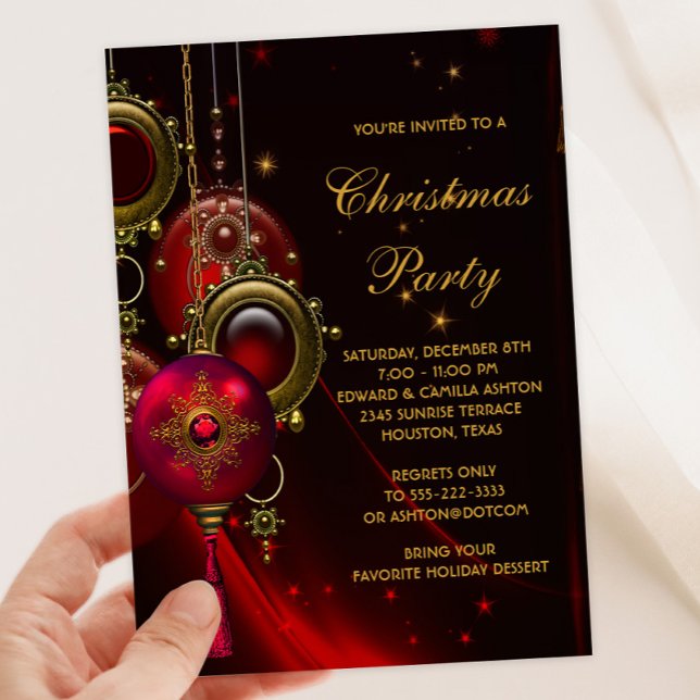 Convite Festa Dourada de Natal Elegante (Beautiful red gold ornaments Christmas party invitation. Available for instant download and print.)