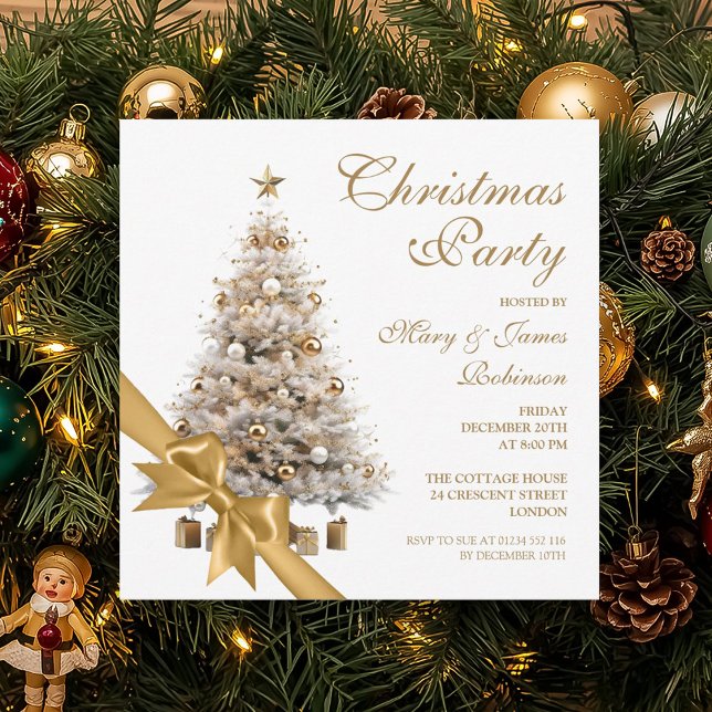Convite Festa Dourada de Natal Elegante e Férias de Arco (Elegant Gold Christmas Tree & Bow Holiday Party Invitation)
