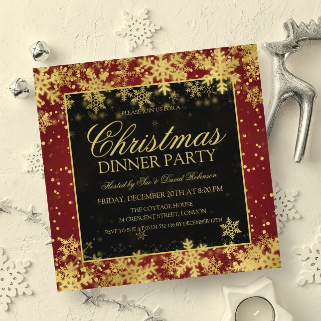 Convite Festa Dourada de Natal Elegante Inverno (Elegant Red Gold Christmas Dinner Party Winter Invitation)