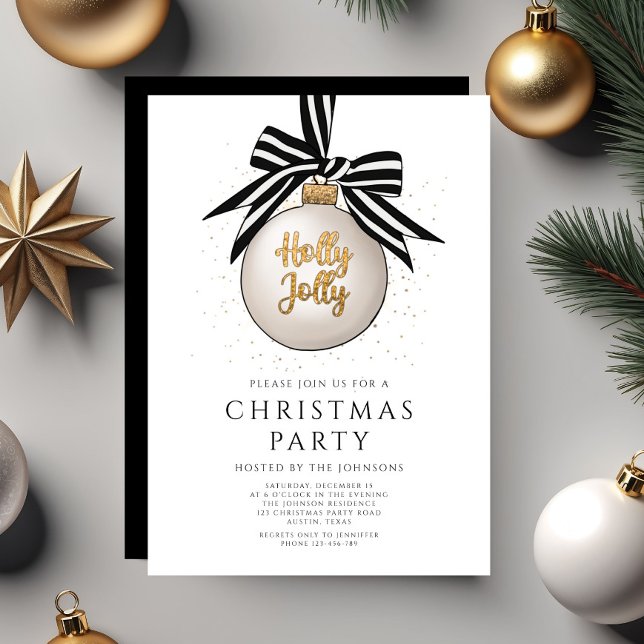 Convite Festa Dourada de Natal Elegante, Preta e Branca (Elegant Black And White Gold Christmas Party Invitation)