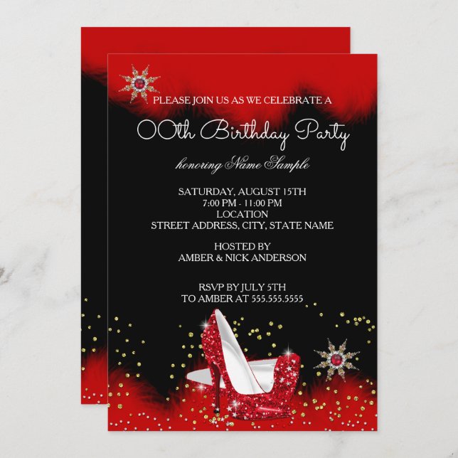 Convite Festa Dourada de Neve  Preta de Alto Heel Vermelho (Frente/Verso)