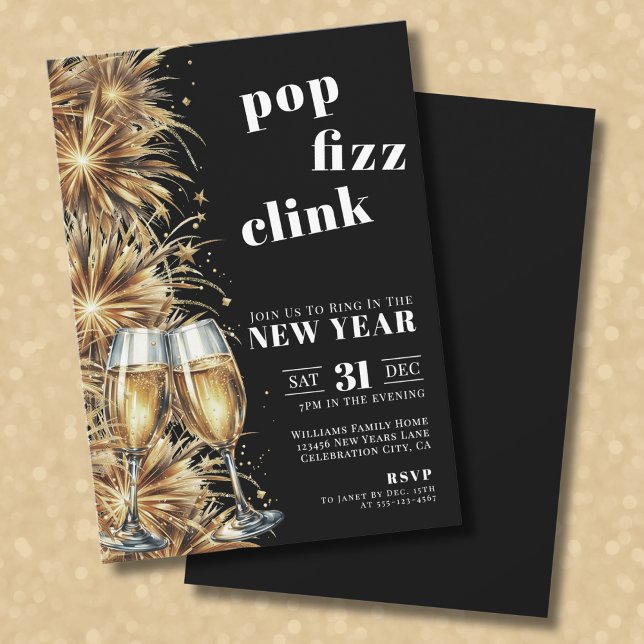 Convite Festa Dourada de Pop de Champanhe no Ano Novo (Black Gold Champagne Pop New Year's Eve Party Invitation)