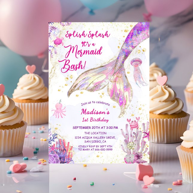 Convite Festa Dourada de primeiro aniversario Púrpura Rosa (Gold Mermaid Tale pink purple 1st Birthday Girl Party Invitation)