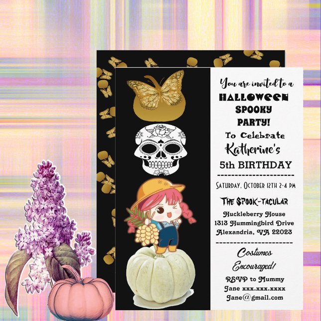 Convite Festa Dourada de Pumpkins no Dia das Bruxas (Spooky Halloween Birthday Girl Gold Pumpkins Party Invitation)