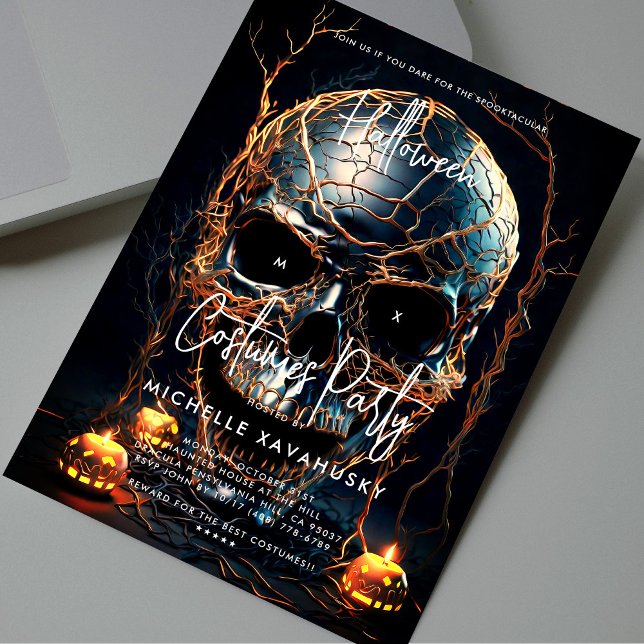 Convite Festa Dourada do Dia das Bruxas de Adultos Moderno (Modern Adult Halloween Party Black Gold Skull Invitation
)