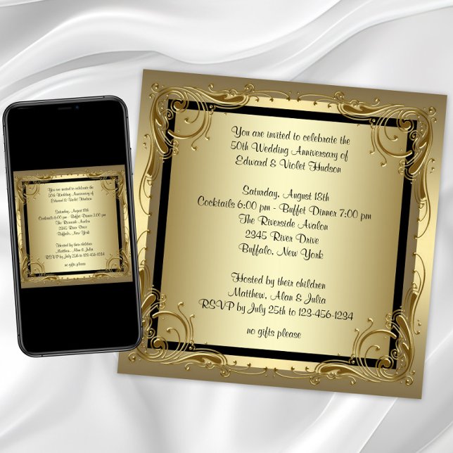 Convite Festa Dourada Elegante de 50º aniversário de Casam (Elegant Gold 50th Wedding Anniversary Party Invitation with gold swirl border. Any event or occasion)