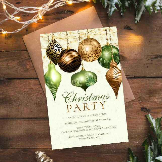 Convite Festa Dourada Elegante Safari de Natal (Elegant Safari Gold Ornament Christmas Party Invitation)