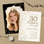 Convite Festa Dourada Floral de aniversário de 30 anos de<br><div class="desc">Convite de festas de Foto Dourada Floral Preta. Design minimalista moderno com desenhos botânicos em destaque e letra de script de tipografia. Simples trendy convida cartão perfeito para uma festa de na moda. Pode ser personalizado para qualquer idade. Impressos convites Zazzle ou modelo de impressão digital instantânea para download.</div>