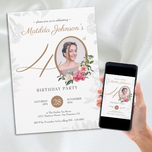 Convite Festa Dourada Floral do aniversário de 40 anos de  (Floral Gold Photo 40th Birthday Party Invitation)