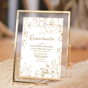 Convite Festa Dourada Floral Elegante Branca Moderna de Qu