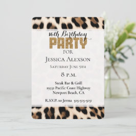 Convite Festa Dourada Glitter de Leopardo Negro Creme