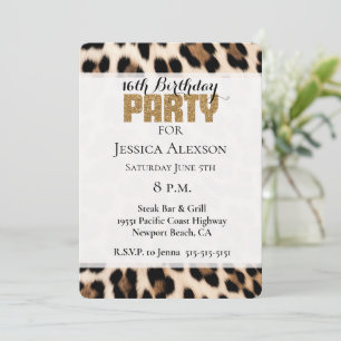 Convite Festa Dourada Glitter de Leopardo Negro Creme