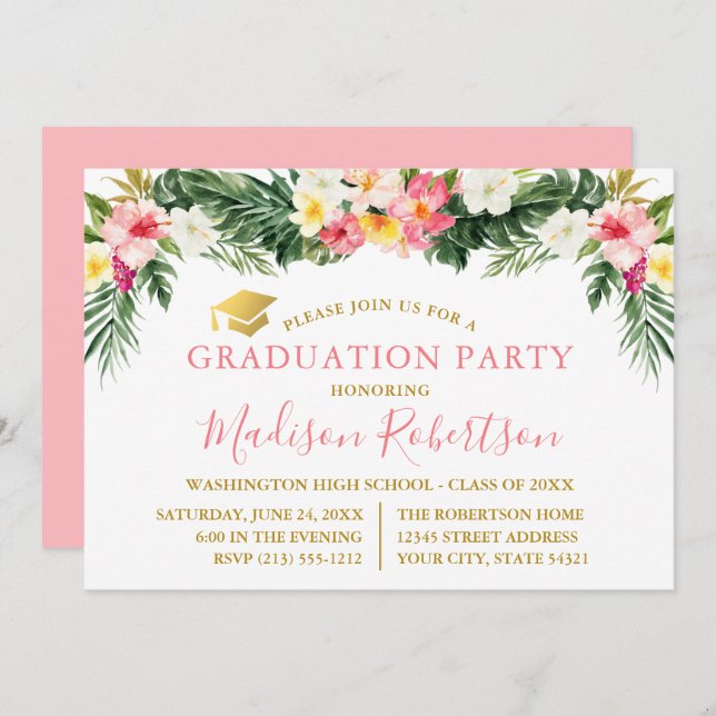 Convite Festa Dourada Rosa Tropical de Aquarela (Frente/Verso)