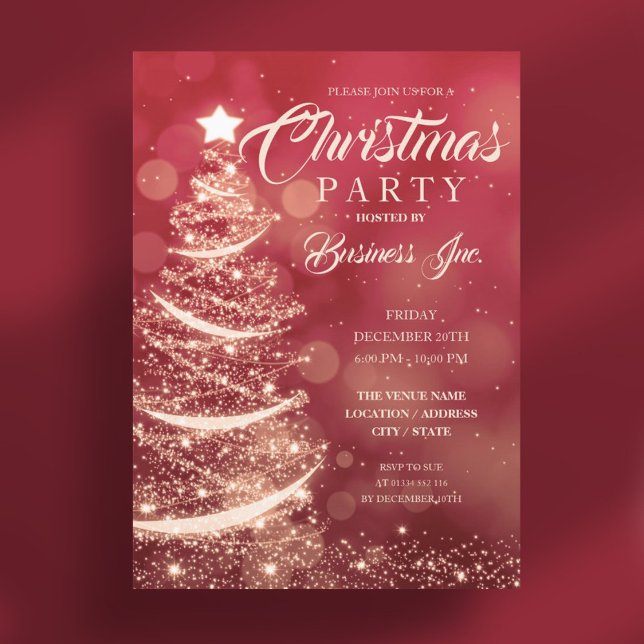 Convite Festa Dourada Vermelha da Árvore de Natal CORPORAT (CORPORATE Christmas Tree Sparkle Red Gold Party Invitation)