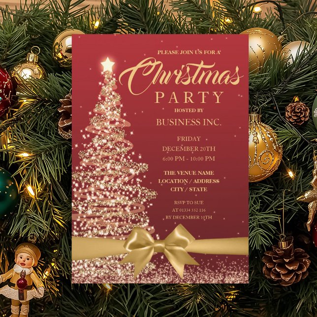 Convite Festa Dourada Vermelha da Fita de Natal CORPORATIV (CORPORATE Christmas Tree Ribbon Red Gold Party Invitation)