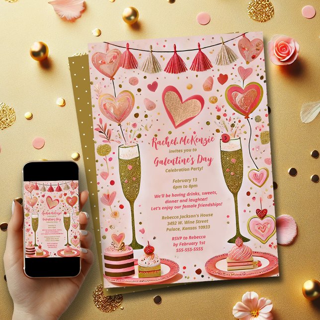 Convite Festa Dourada Whimsical e Dia da Galentina Vermelh (Galentine's Day Party)