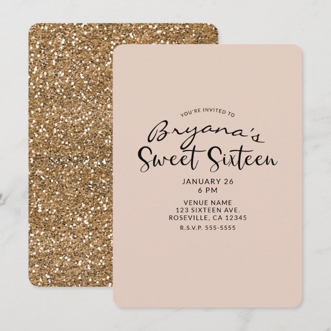 Convite Festa Doze Anos Glitter Dourado Moderno Glam (Frente/Verso)