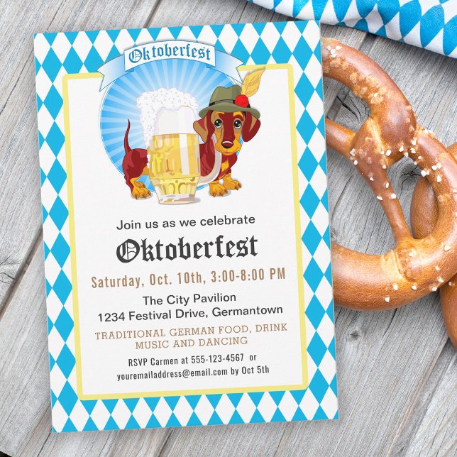Convite Festa e Celebração do Oktoberfest (Celebrate Oktoberfest with this festive invitation featuring a cute dachshund in felt hat and beer.)
