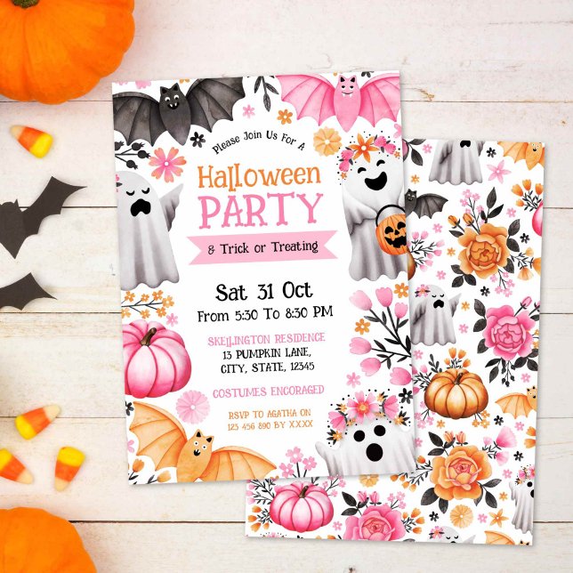 Convite Festa e truque do Halloween para fantasmas bonitos (Cute Ghosts Halloween Party & Trick or Treating Invitation)