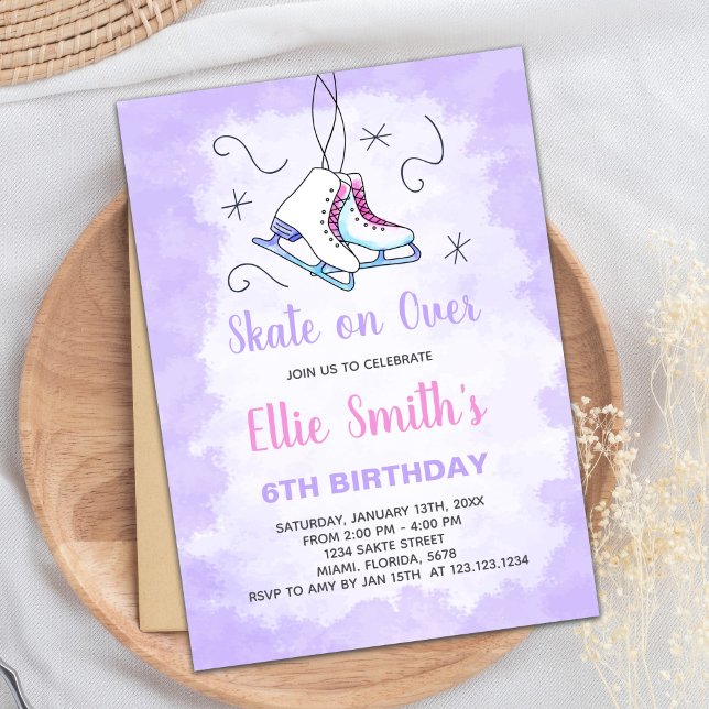 Convite Festa editável de patinação de inverno Convidado p (Purple Ice Skating Birthday Invitations)