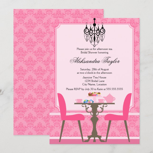 Convite Festa Elegante Damask e Chandelier Tea (Frente/Verso)