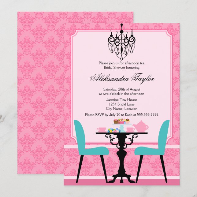 Convite Festa Elegante Damask e Chandelier Tea (Frente/Verso)
