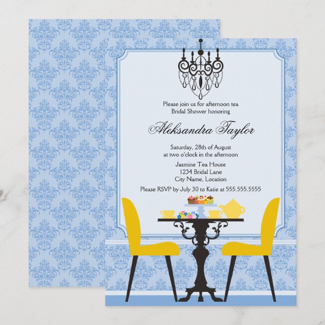 Convite Festa Elegante Damask e Chandelier Tea (Frente/Verso)