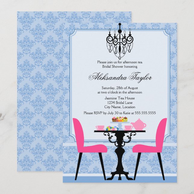 Convite Festa Elegante Damask e Chandelier Tea (Frente/Verso)