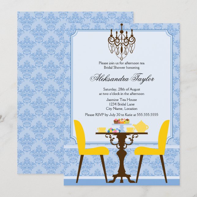 Convite Festa Elegante Damask e Chandelier Tea (Frente/Verso)